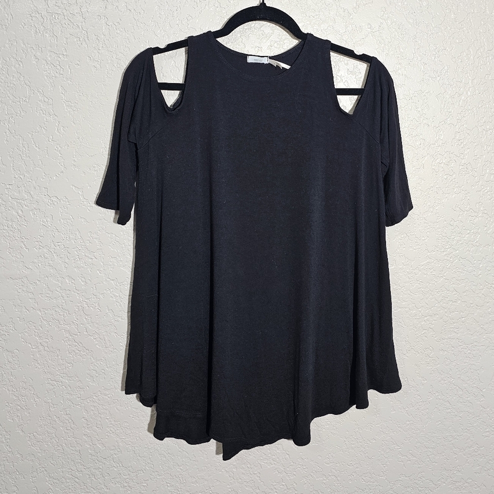 Anthro Kimchi Blue Solid Black Col Shoulder Top